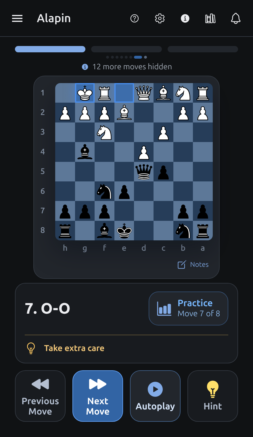ChessPrep opening flashcard: practice the Alapin variation by playing the next move on the chessboard.