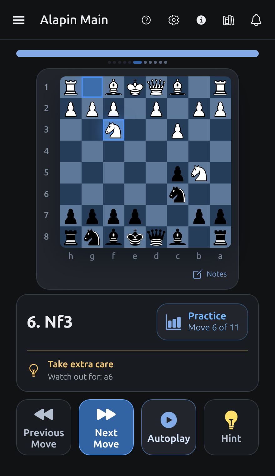 Alapin Main flashcard at move 6, showing the Take extra care warning and Watch out for: a6 from previous mistakes.